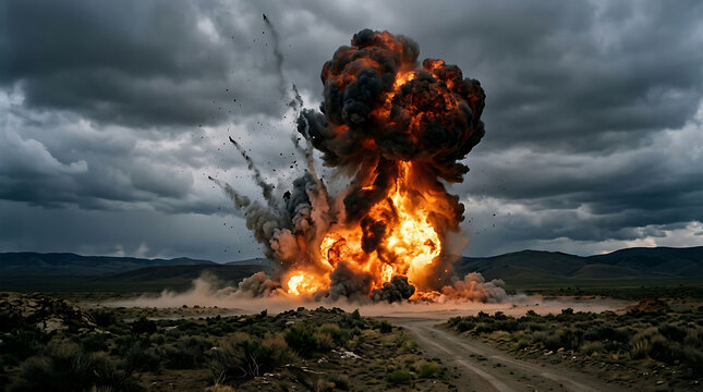 Massive explosion erupts in a desert landscape under a stormy sky viewed from a distance