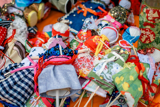 Maslenitsa dolls. 
Homemade Maslenitsa dolls. Unlike the large effigy that is burned, these small amulets made of fabric and bast were made for the home.
They are considered a symbol of prosperity and