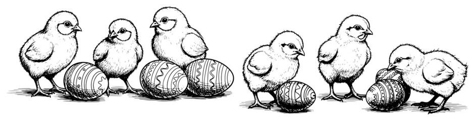 Cute hand drawn sketches of baby chicks interacting with patterned Easter eggs © Celestynka