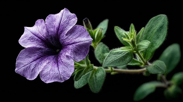 A close-up study features a vibrant purple flower with textured petals, complemented by green foliage