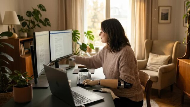 Determined woman with bionic arm prosthetics working from home in a cozy office, using dual monitors and a laptop for remote work, demonstrating accessibility and independence.