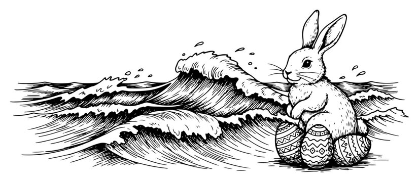 Easter bunny sitting with eggs on beach with ocean waves