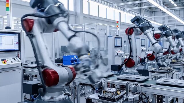 Automated robots assemble products on a conveyor belt in a factory setting