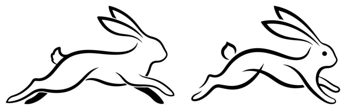 Two minimalist line art illustrations of a running hare or rabbit in dynamic poses
