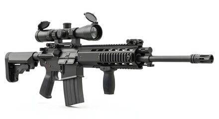 Modern tactical rifle with scope on white background, detailed, studio shot, perfect for military and security themes