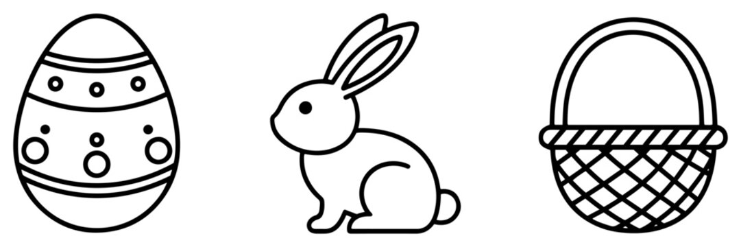 Simple easter line art icons with egg bunny and basket