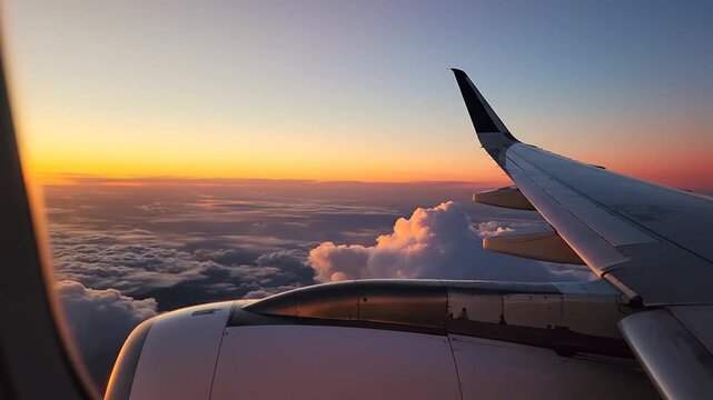 Airplane wing flying above clouds during sunset