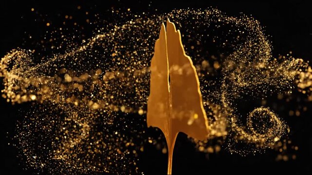 Glowing golden ginkgo leaf with sparkling particles against a black backdrop, elegant, abstract