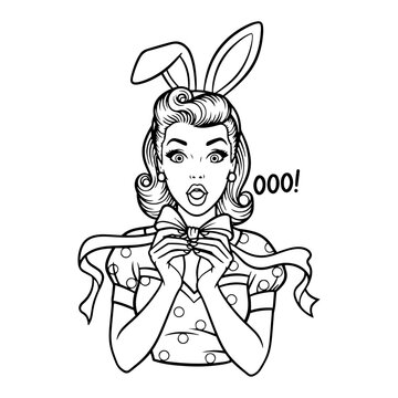 Retro pop art woman with bunny ears looking surprised and saying ooo