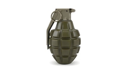 Fototapeta premium Single olive drab green hand grenade with a textured surface and pull pin on an isolated white background