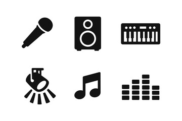 Audio Music Production Icons - Microphone, Speaker, Synth, Equalizer - Solid Black Icon Set Vector Illustration