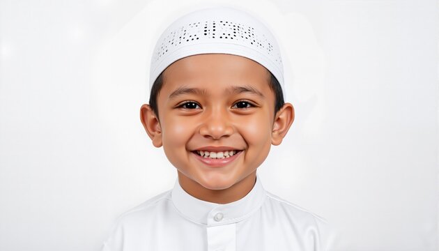 Smiling child in muslim cap and white clothes. Clean background. Portrait
