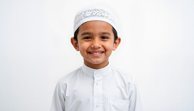 Smiling child in muslim cap and white clothes. Clean background. Portrait
