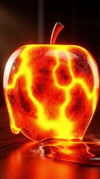 A stone apple sculpture transforms into a glowing molten object with flowing lava on a wooden table. Surreal conceptual art representing internal heat and change. Ideal for creative projects.