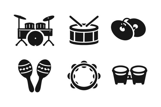 Percussion instruments icons solid black icon set vector illustration