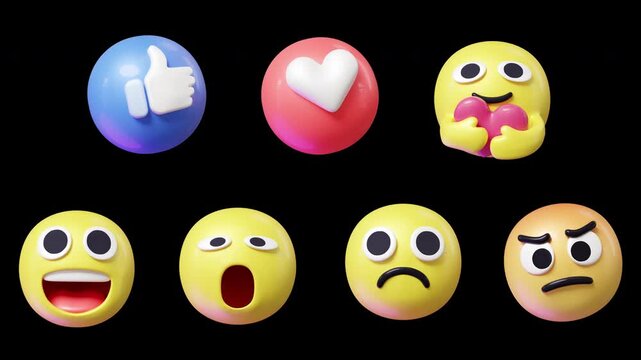 set 3d render looping emoji animation with alpha channel transparent background