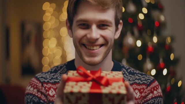 Happy young man giving christmas gift looking at camera