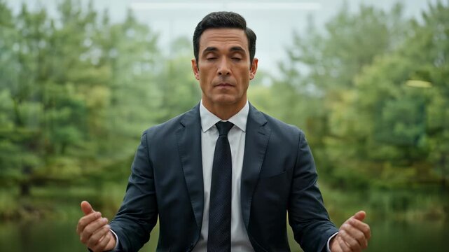 Businessman in a suit meditating peacefully in a forest before suddenly waking up startled in a modern office, showing the contrast between mindfulness and a stressful work environment.
