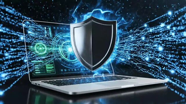 Futuristic digital security concept with a shining shield protecting a laptop, illustrating robust data encryption and online privacy in a connected world of technological innovation