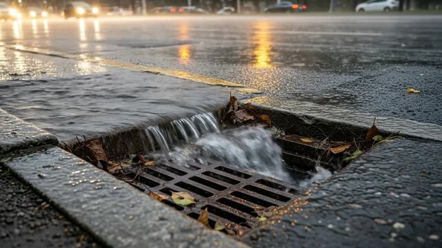 Rainwater flowing into street drain during rain