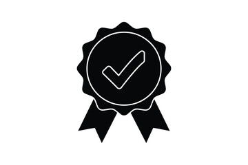 Black vector checkmark icon on a rosette award ribbon, symbolizing approval, confirmation, and achievement in a simple, modern design element.