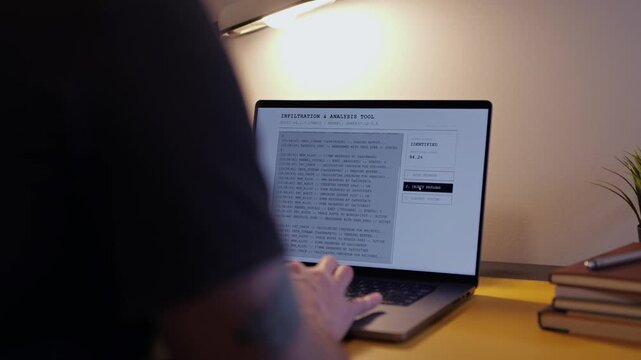 Middle Aged Ethical Hacker Penetration Testing Running Network Infiltration and Analysis Tool - White Hat Hacking Proactive Defense for Cyberattacks