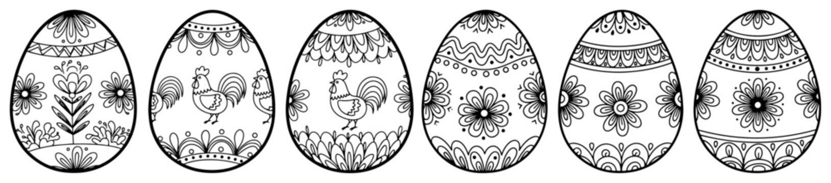 Decorated Easter eggs row with floral and rooster patterns line art coloring page