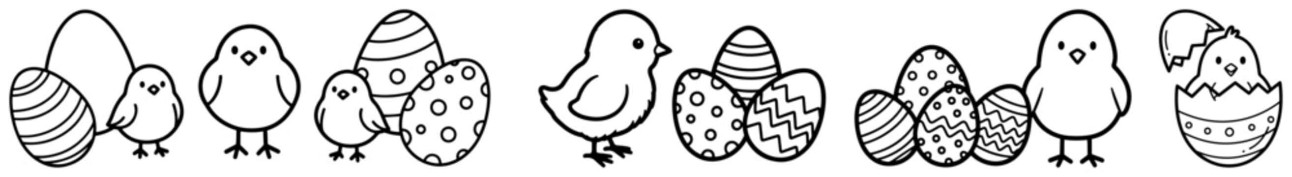 Easter border with cute little chicks and decorated eggs in outline doodle style