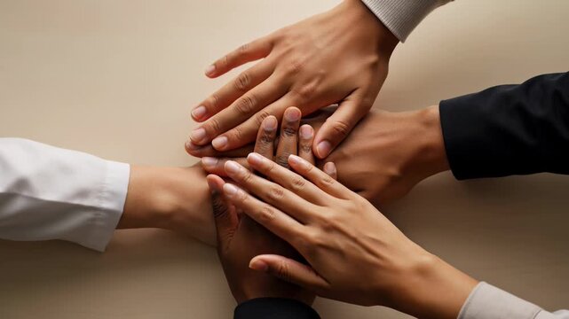 Diverse group of multiethnic business professionals stacking their hands together on a desk to symbolize teamwork, unity, and successful collaboration in a corporate office setting.