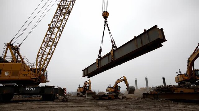 Heavy-duty crawler crane lifting massive steel I-beam at a busy construction site with excavators and machinery under overcast sky. Industrial development and civil engineering