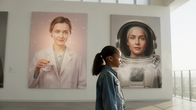 Young girl walks past museum portraits of pioneering women, her imagination ignited by a magical glowing scientist and a flying paper airplane, symbolizing inspiration.