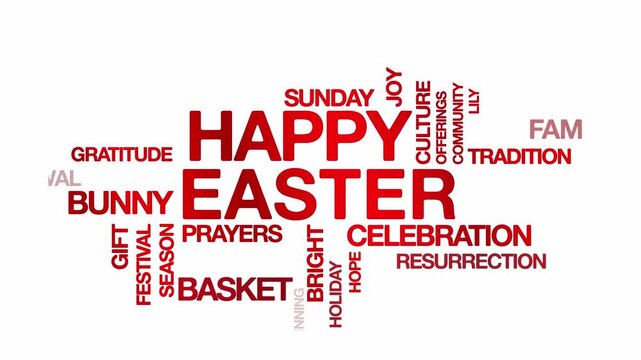 Happy easter concept Animated Tag Word Cloud kinetic typography, Text Design Animation typography seamless loop video motion graphics Intro Wordart red type on white background bg backdrop video