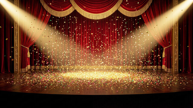 A grand theater stage featuring luxurious red curtains, glowing spotlights, falling confetti, and an empty central podium for presentations.