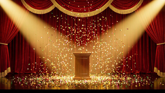A grand theater stage featuring luxurious red curtains, glowing spotlights, falling confetti, and an empty central podium for presentations.