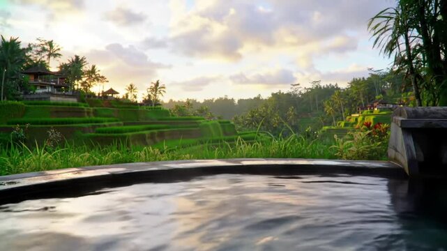 Peaceful infinity pool overlooks lush green rice terraces at sunrise.