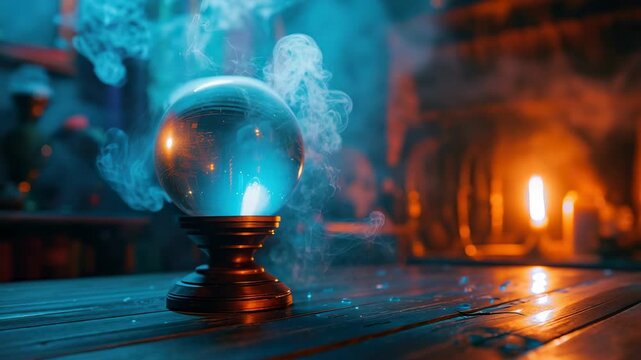 Crystal ball with smoke on a wooden surface