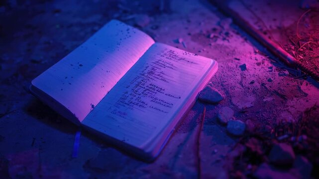 Open notebook with neon light on dark gritty surface