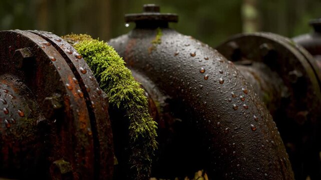 Close-up of abandoned, rusty industrial pipes with green moss growing on metal flanges during rain in a forest. Concept of aging, environmental reclamation, and industrial decay.