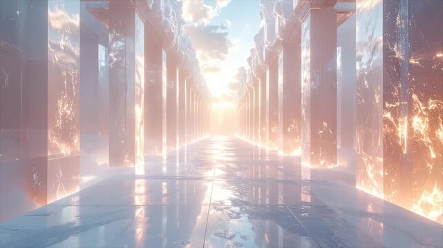 A luminous path between pillars leads to bright light and heavenly sky