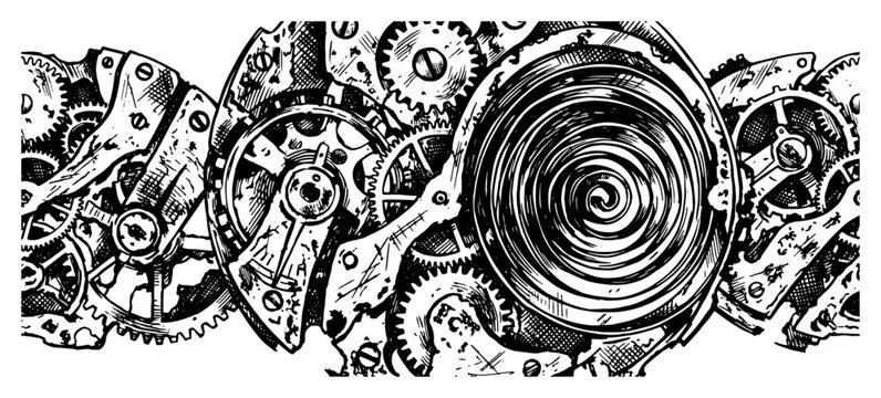 Mechanical gears and intricate clockwork cogs in a detailed steampunk sketch style