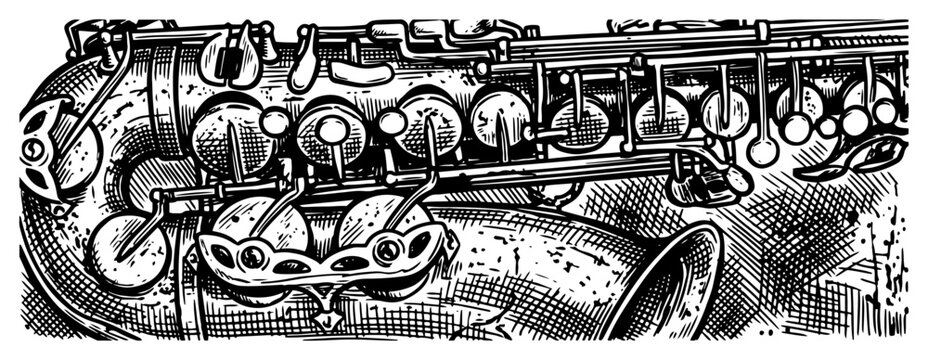 Musical saxophone close up with keys and valves vintage woodcut style