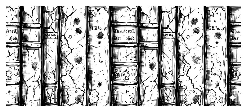 Old book spines on shelf in detailed vintage engraving sketch style
