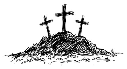 Three wooden crosses on Calvary hill for Easter religious sketch style © Celestynka
