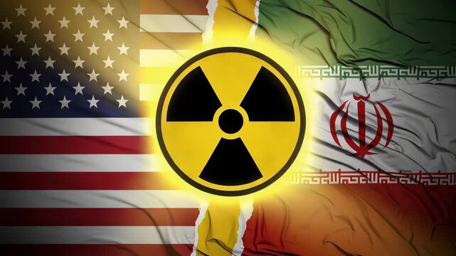 US and Iran flags separated by torn yellow paper with a glowing nuclear symbol. Geopolitical conflict and nuclear tension between nations.	