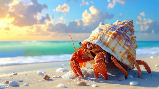A vibrant hermit crab, in its shell, rests on a sandy beach, with ocean in the background