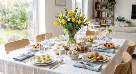Beautiful Easter brunch table setting with fresh yellow tulips and spring-themed food.