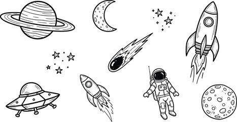 Space exploration illustrations featuring planets rockets and astronauts © mdkamran