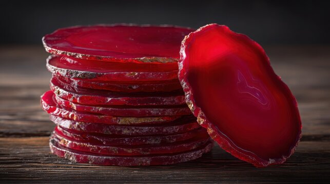Stacked polished red agate coasters, vibrant gemstone slices with natural rough edges, elegant home decor detail.