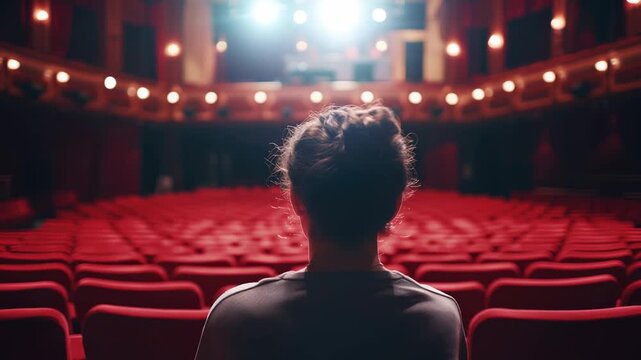 Person facing an empty theater from the stage