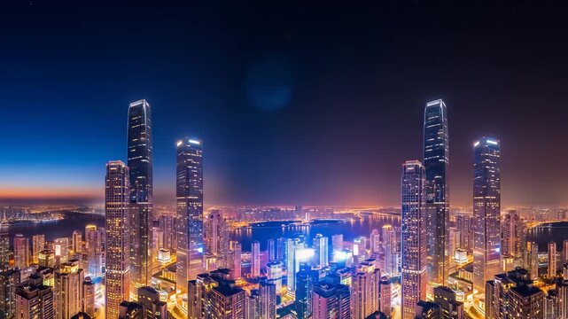 Stunning city skyline at twilight transitioning to night, showcasing vibrant lights and architecture